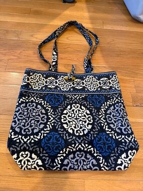 Patterned Quilted Tote Bag - Blue, Black & White